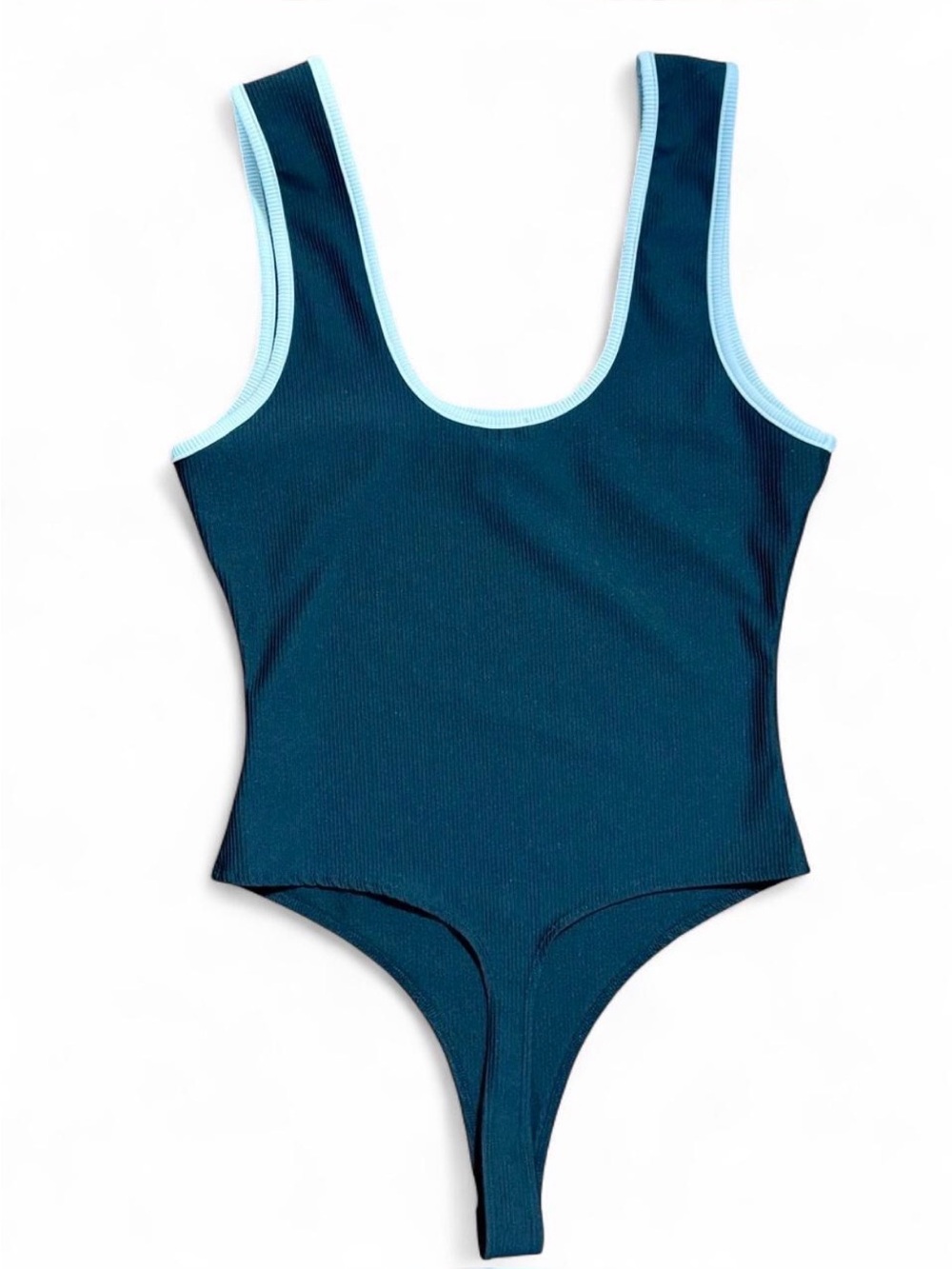 Le Lis Collection Black Ribbed Bodysuit Medium White Trim Thong